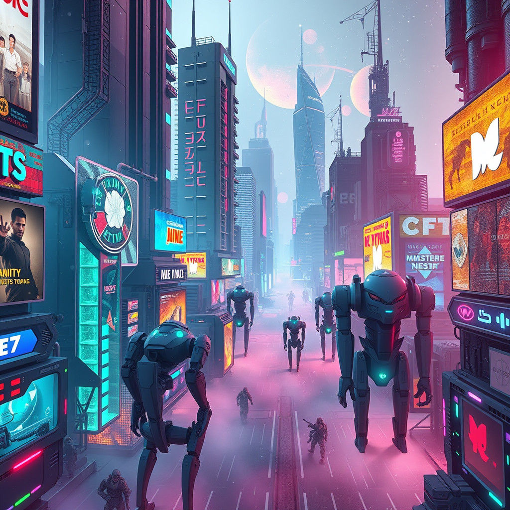 Futuristic Metropolis Aglow with Neon and Robots