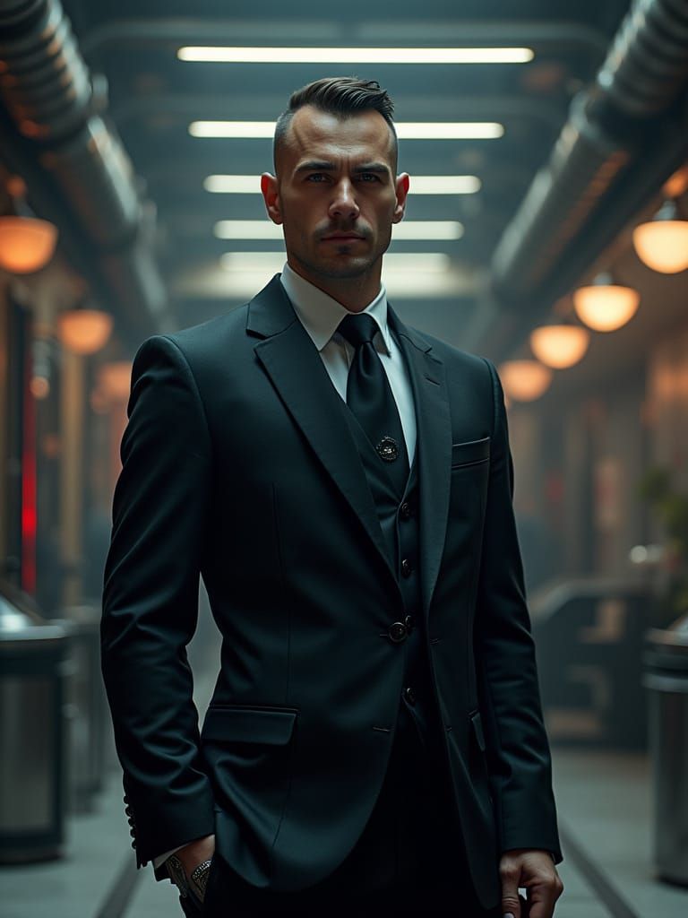 Tactical Cop in Futuristic Atelier with Neon Accents