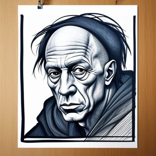 Hyper Realistic Ink Line Drawing of Pablo Picasso