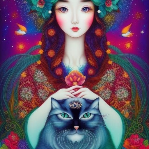 Girl with Animals in Magic Realism Coloring Book Style