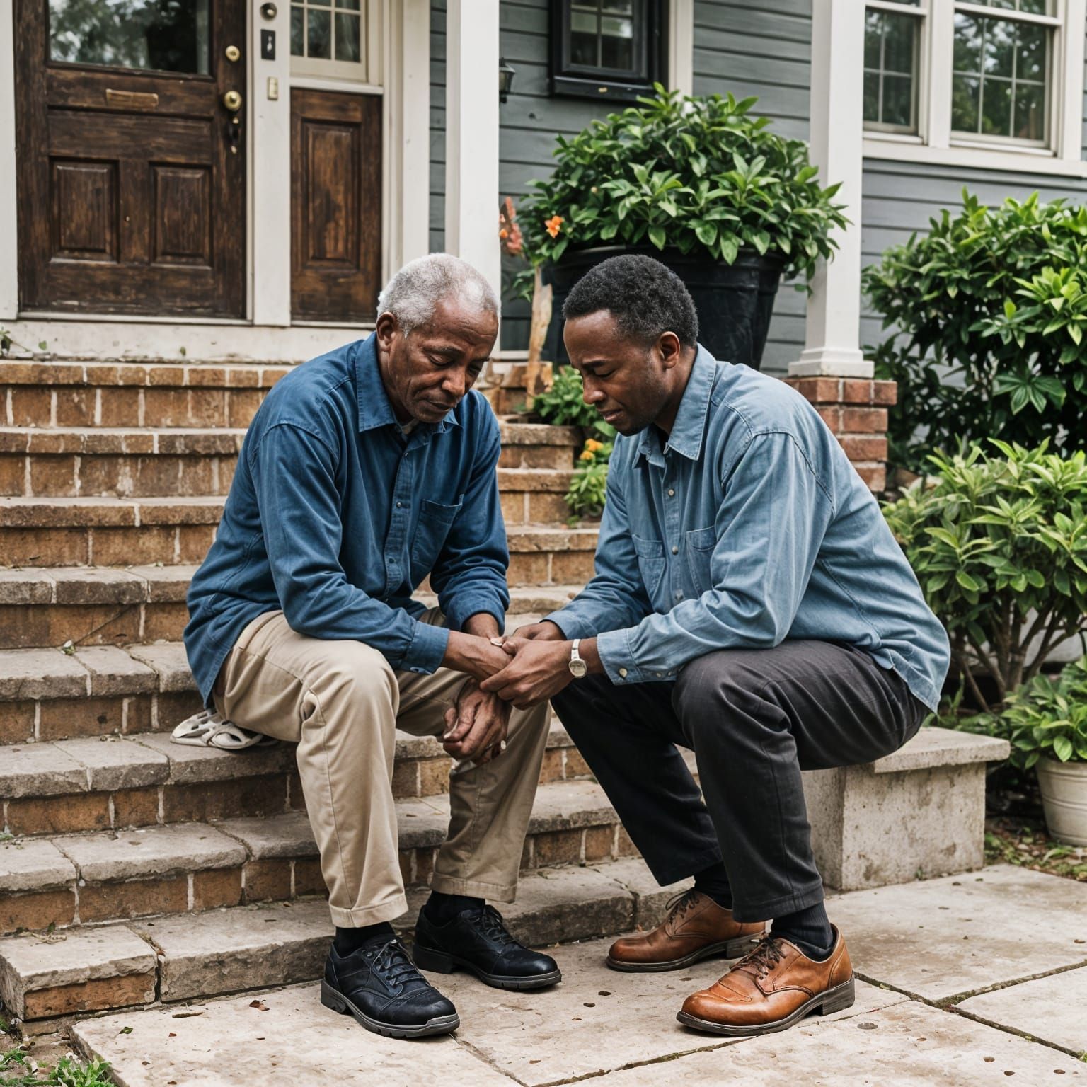 Generational Love: Grandson Tying Grandfather's Shoelaces