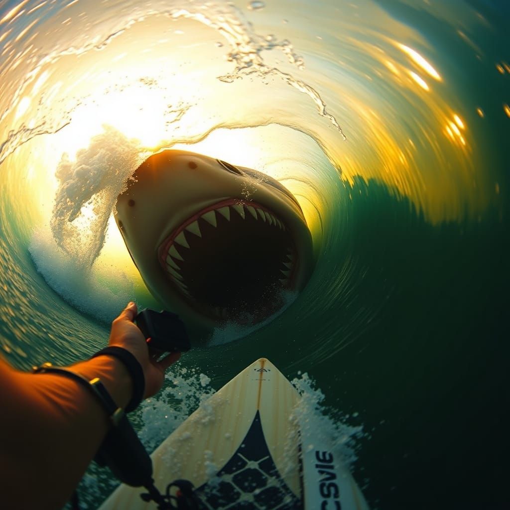 Surreal Surfing Nightmare as Megalodon Emerges from Golden S...