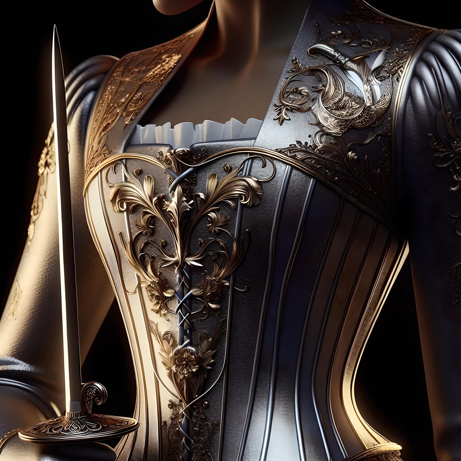 Woman in Silver and Gold Corset with Rapier