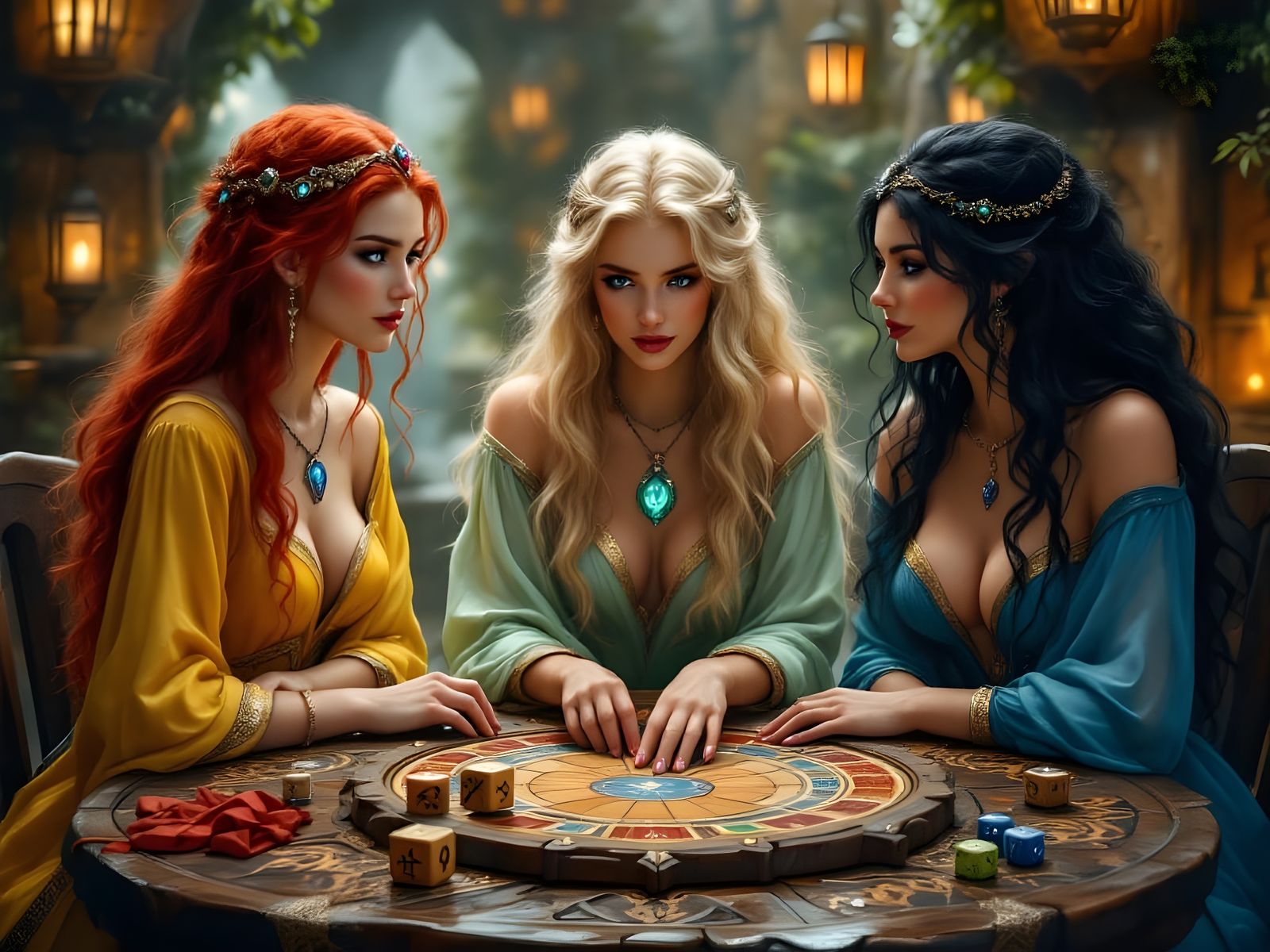 Norse Goddesses Gather for a Game in a Whimsical Tavern