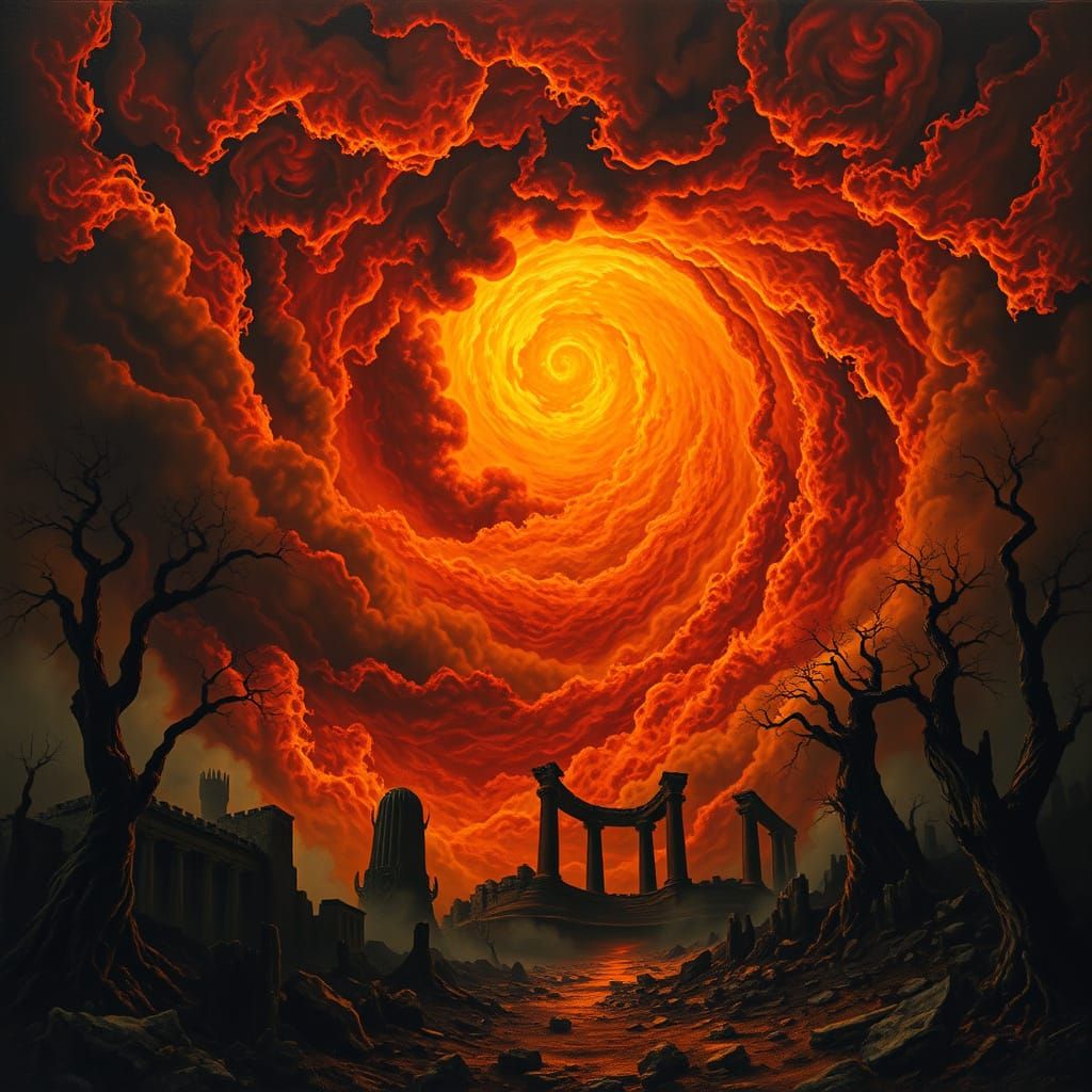 Surreal Vortex of Flames in Dark, Baroque Ruins