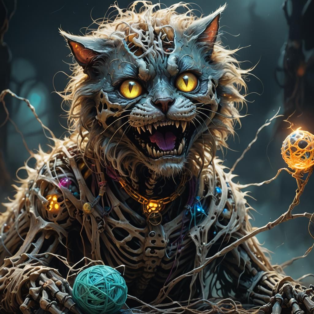 Undead Cat Skeleton Plays with Bioluminescent Yarn Ball