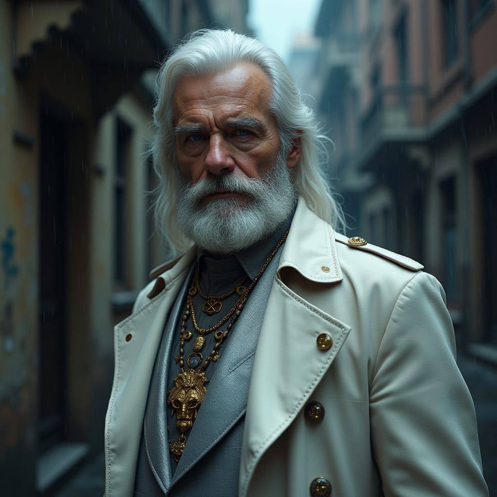 Middle-Aged Man with Piercing Blue Eyes and Silver-Tipped Be...