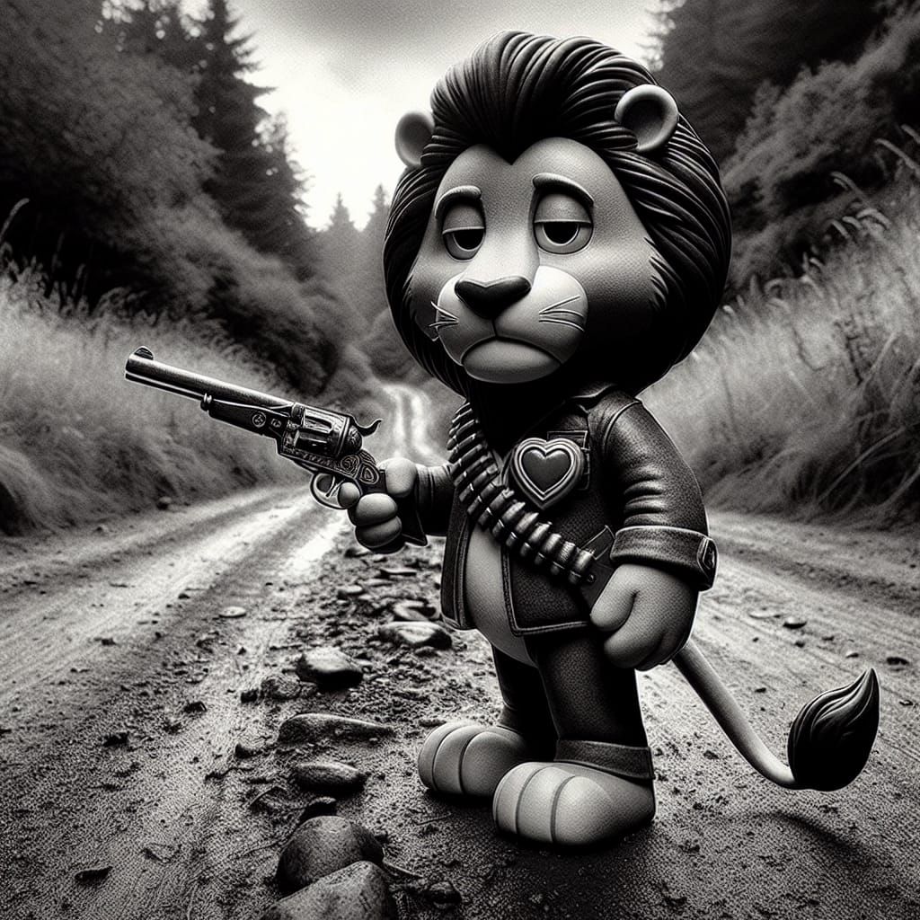 angry Lion heart from the care bears in balck and white gang...