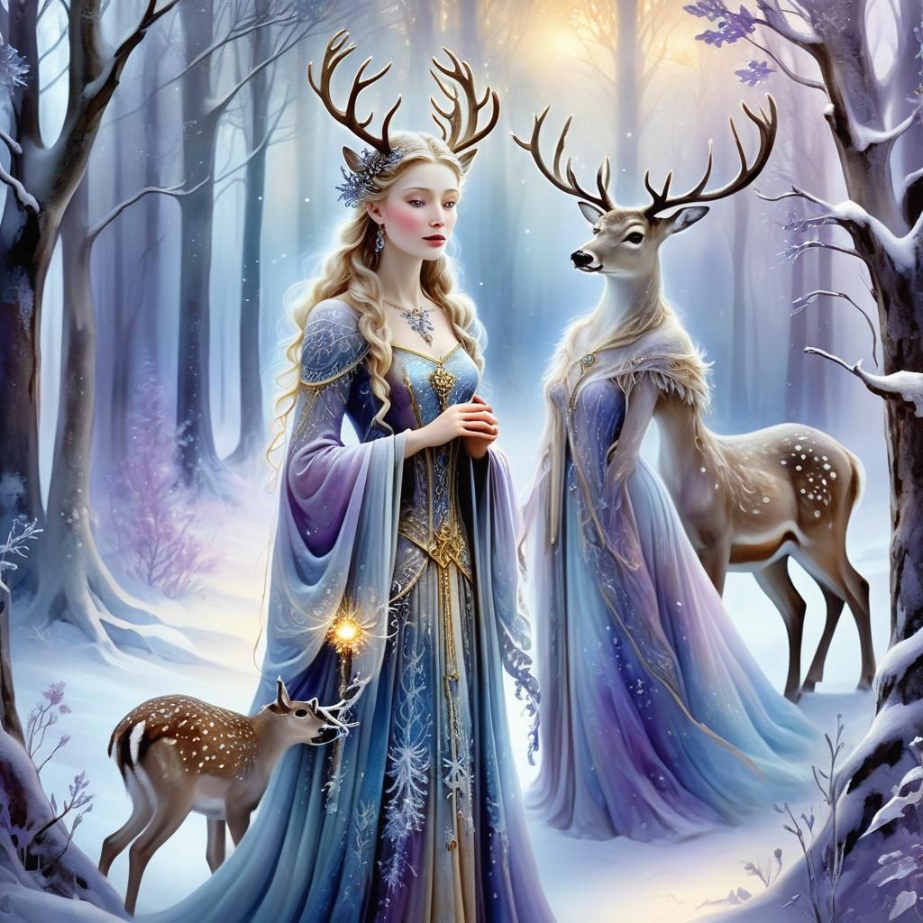 Winterqueen with deer in the snow, style Sulamith Wulfing
