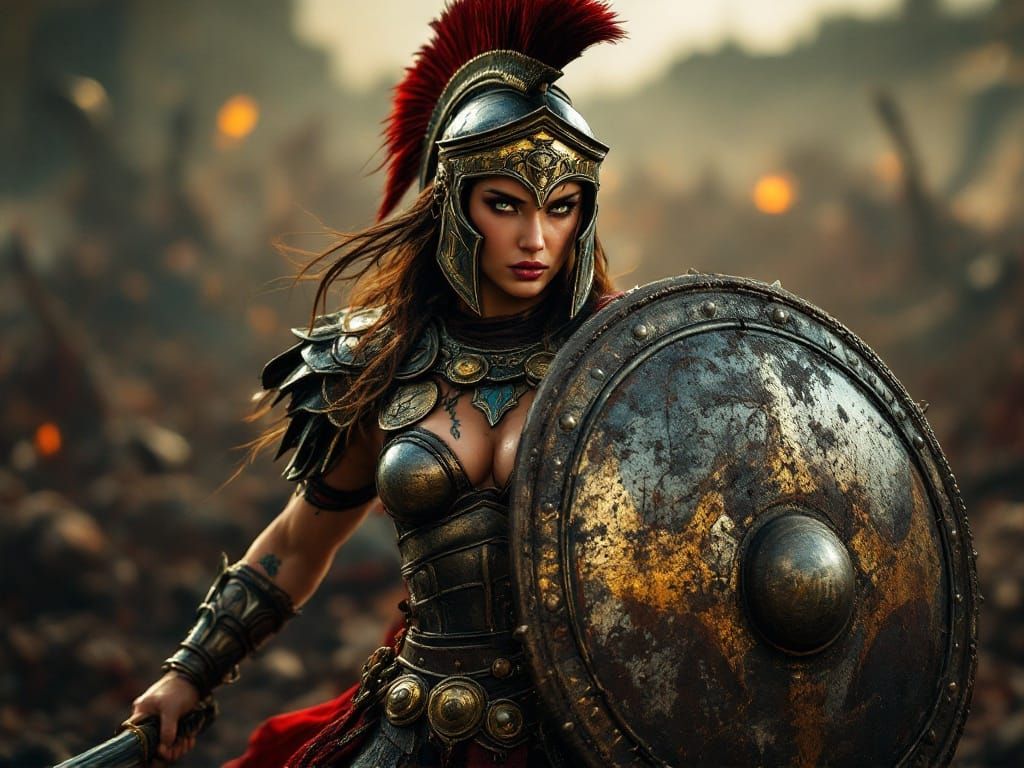 Powerful Female Spartan Warrior in Battle-Scarred Armor