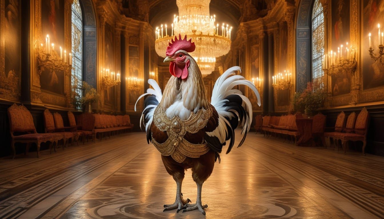 Baroque Chicken Strutting Through Palace Hall