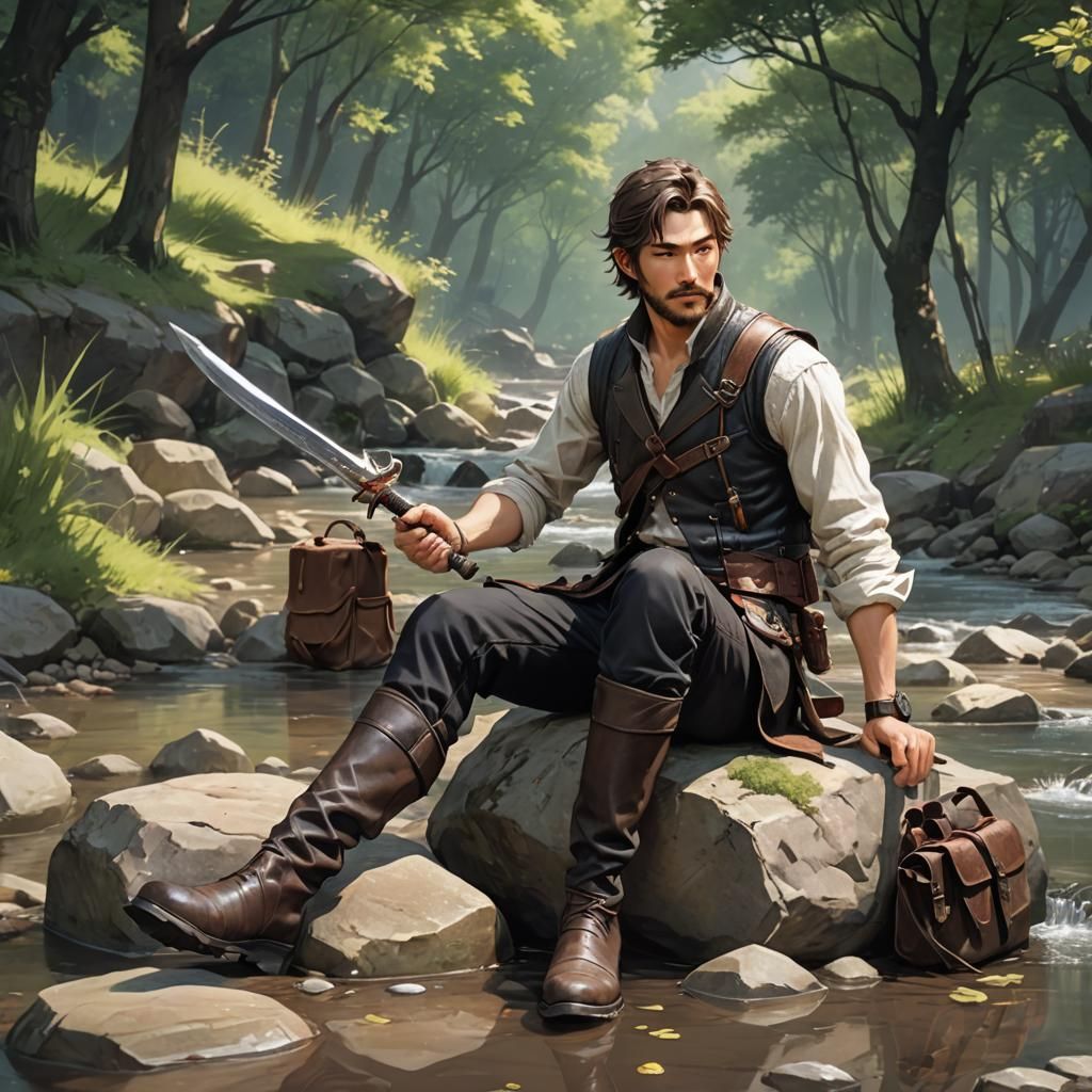 Warrior Resting by Creek: Anime-Inspired 3D Art