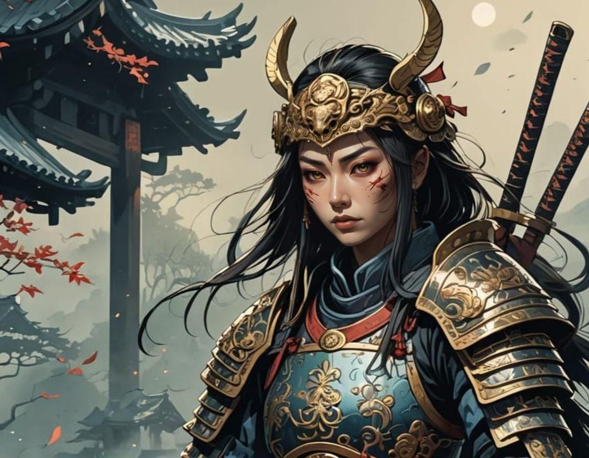 Beautiful Female Samurai with Katana in Anime Style