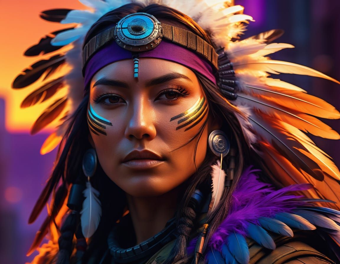Cyberpunk Native American Woman Portrait in Tactical Gear