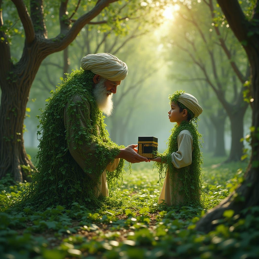 Ancient Tree Root Sage Hands Kaaba Model to Youthful Discipl...