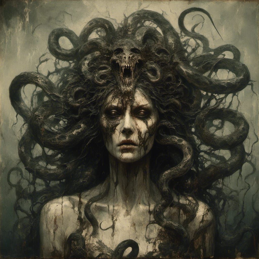 Macabre Medusa with Snakes in Dark Style
