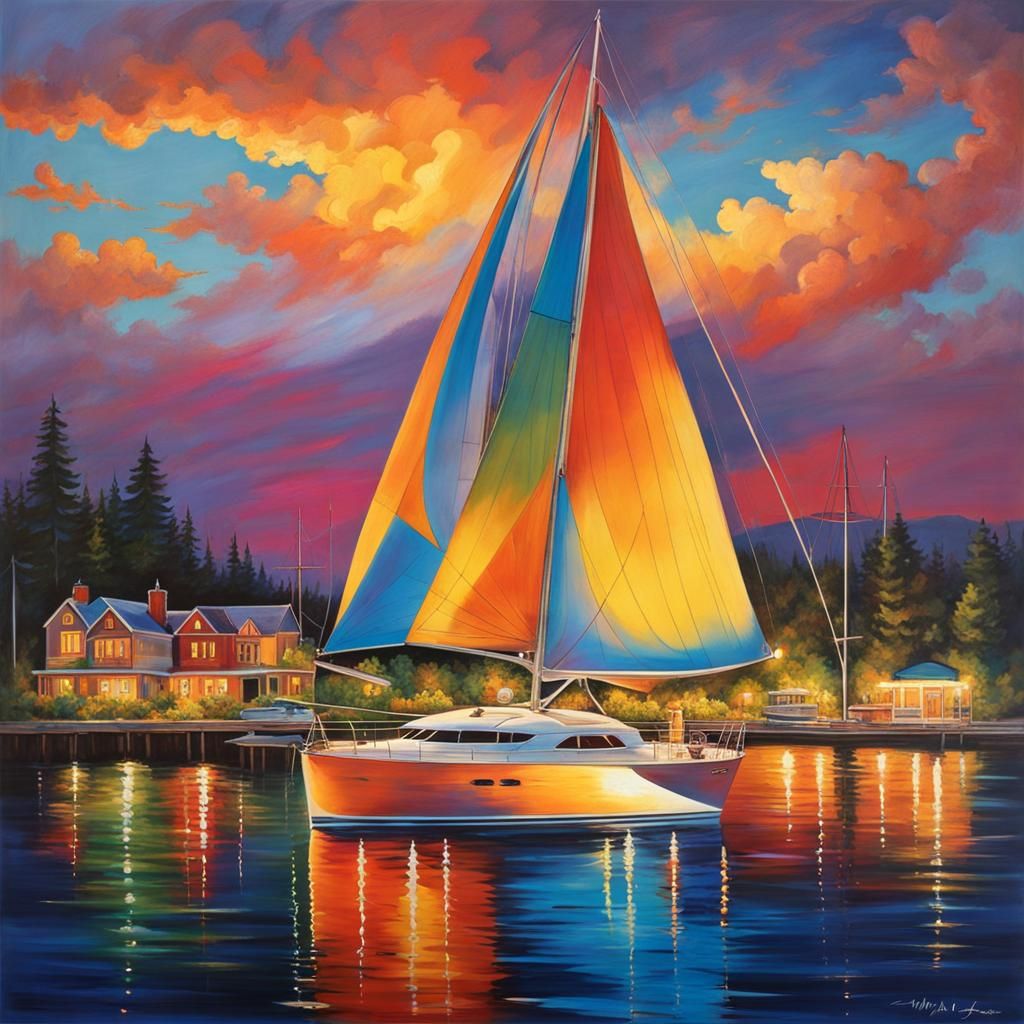 Colorful Yacht Scene in Whimsical Style