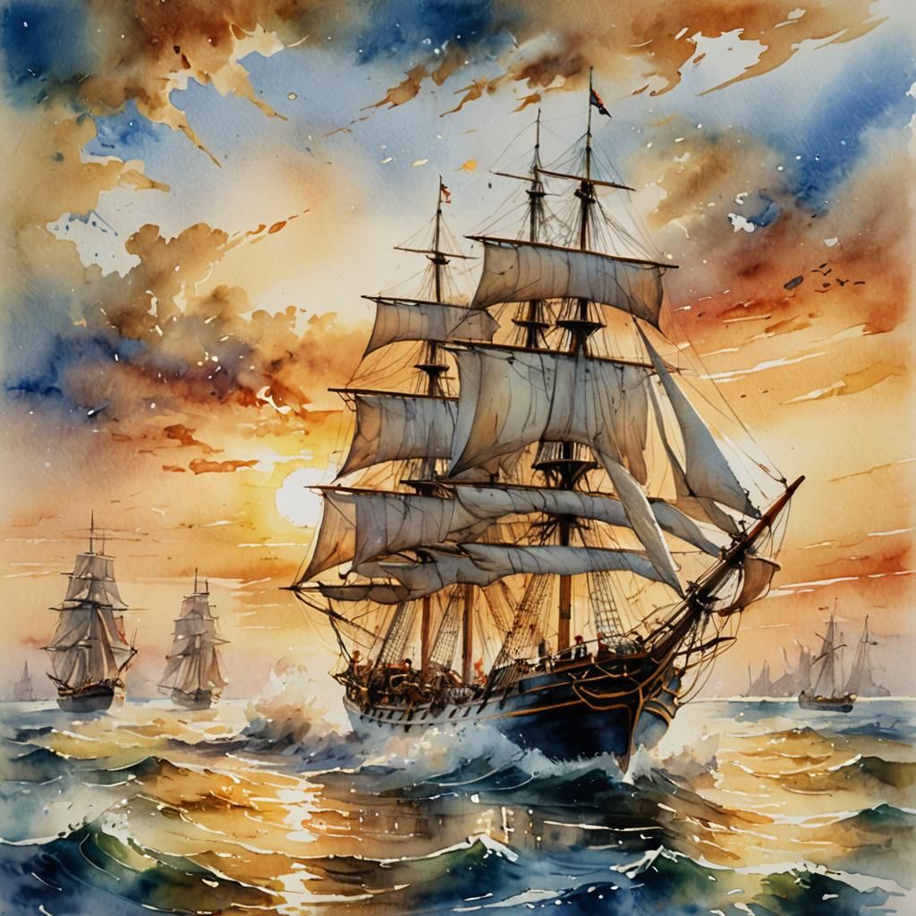 Sailing Boat on Waves in Turner-esque Watercolour