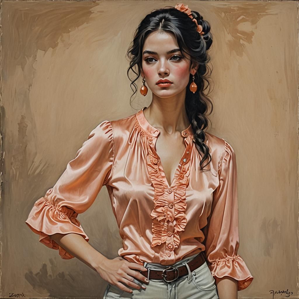 Flamenco Model in Peach Silk Blouse as Oil Painting