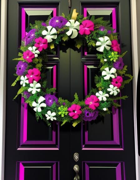 Vibrant Mardi Gras Wreaths Adorn a Neon Red Door