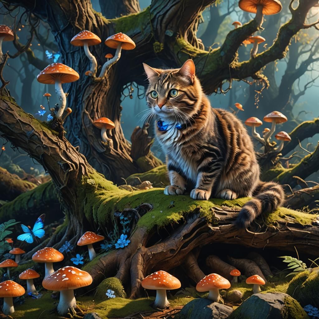 Tabby Cat in Mystical Glowing Forest: Digital Art