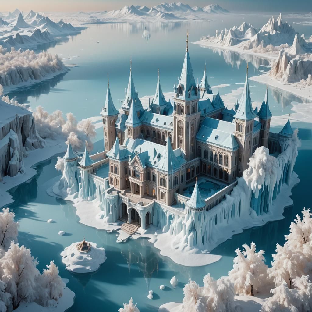 Icy Palace on Frozen Lake: Surrealist Matte Painting