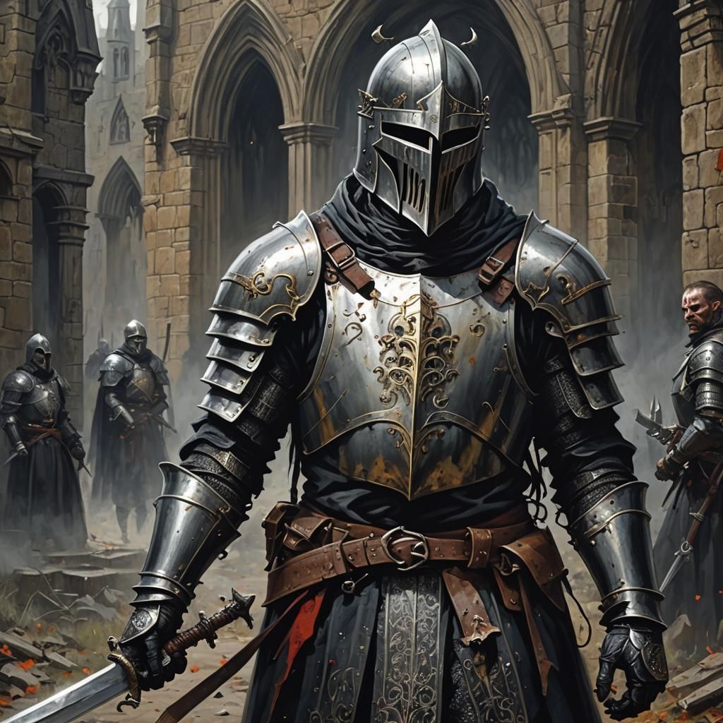 Sinister Gothic Knight in Medieval Horror Scene