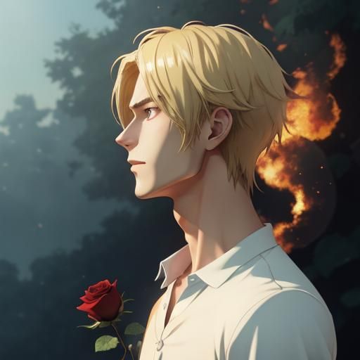 Cartoon Boy with Burning Rose in Anime Style