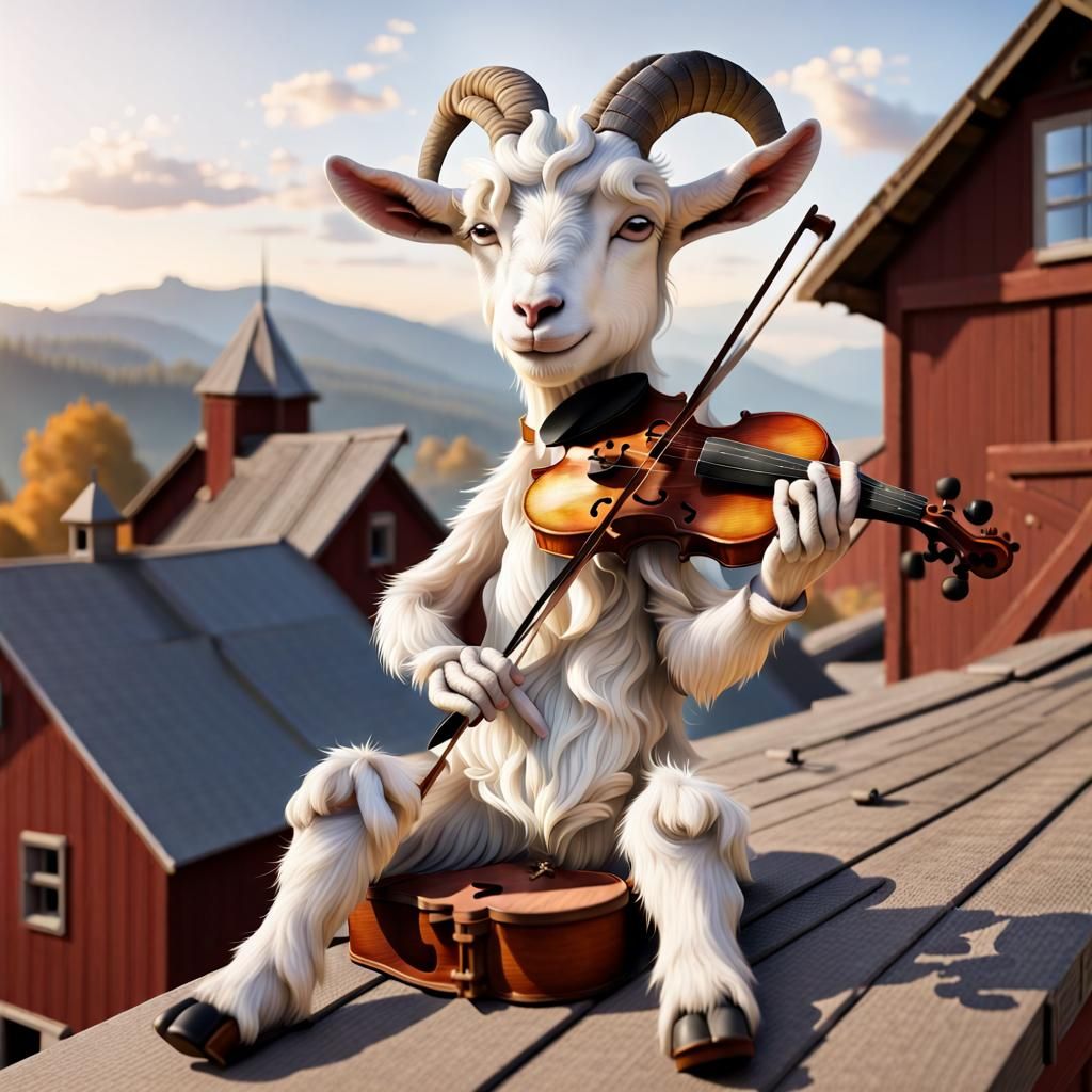 Anthropomorphic Goat Dreams of Violin on Barn Roof