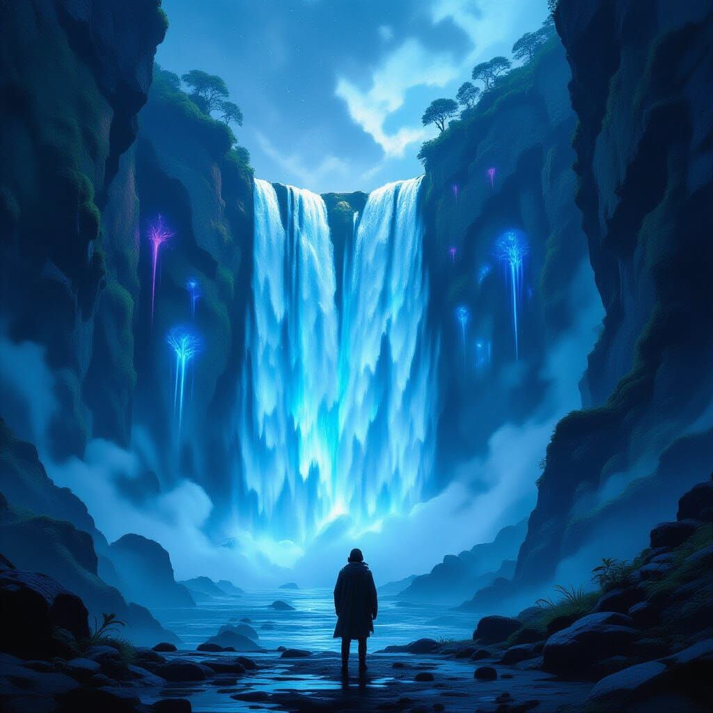 Bioluminescent Waterfall Digital Matte Painting