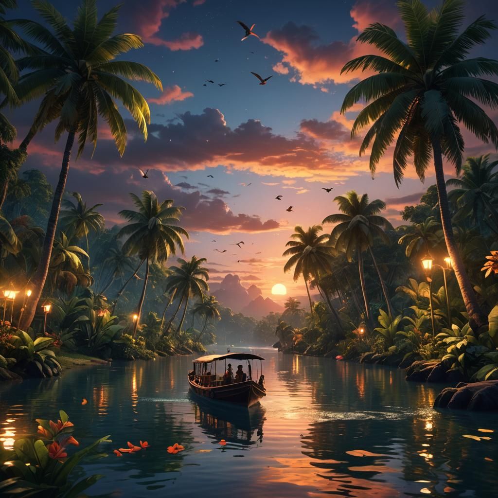 Tropical Night River Scene with Kissing Couple