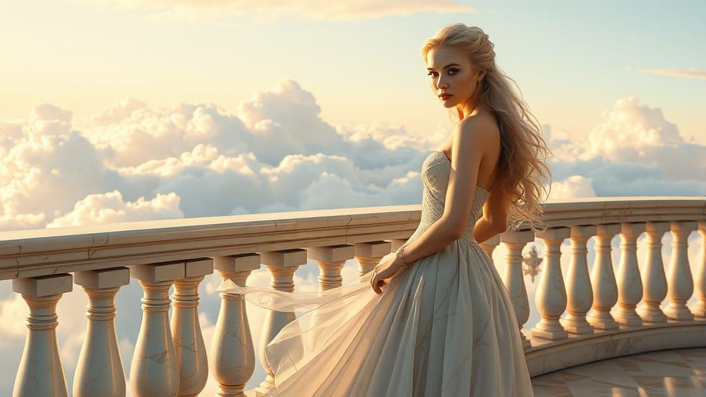 Ethereal Woman on Marble Balcony in Neo-Impressionist Style