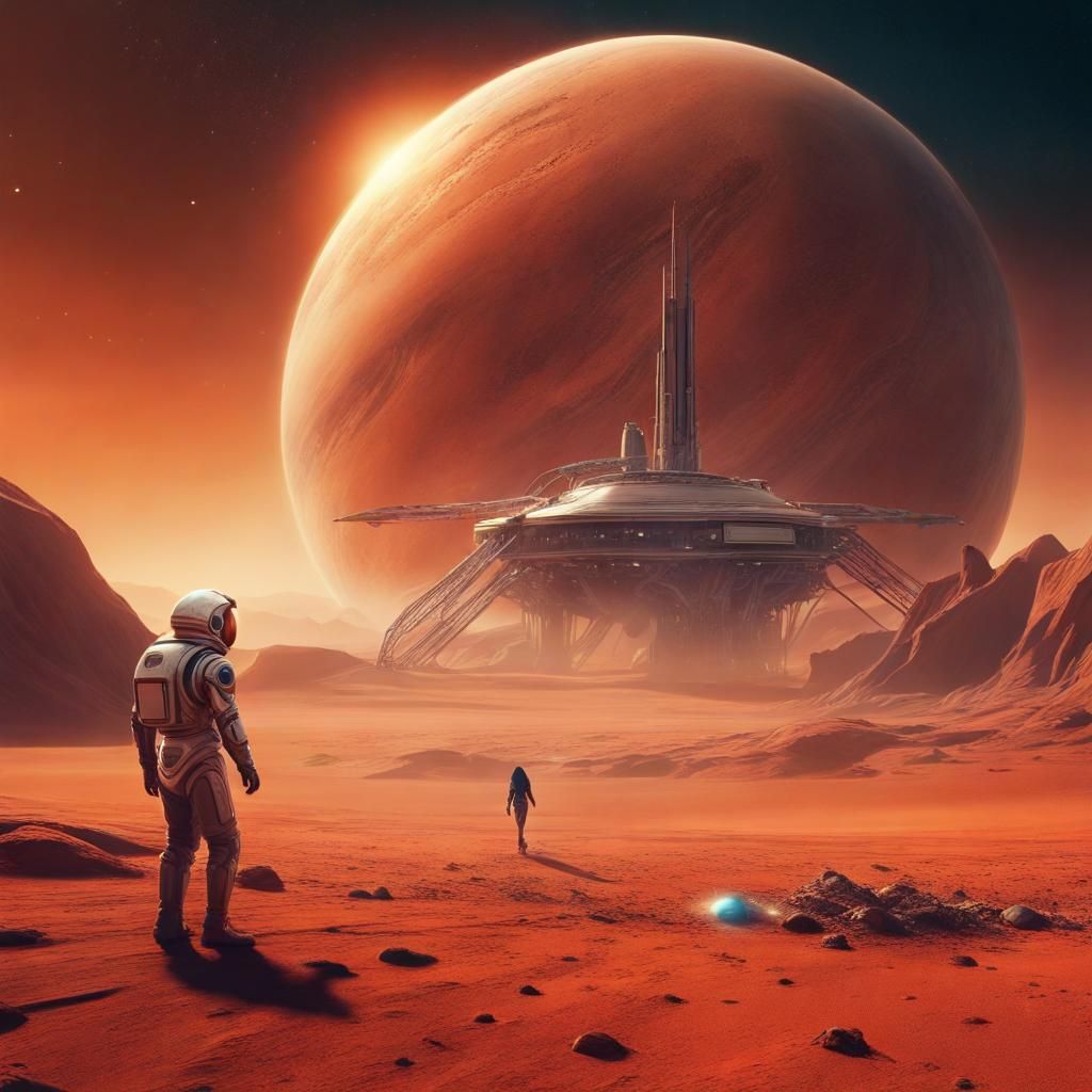 Man Kneeling on Mars: Detailed Matte Painting