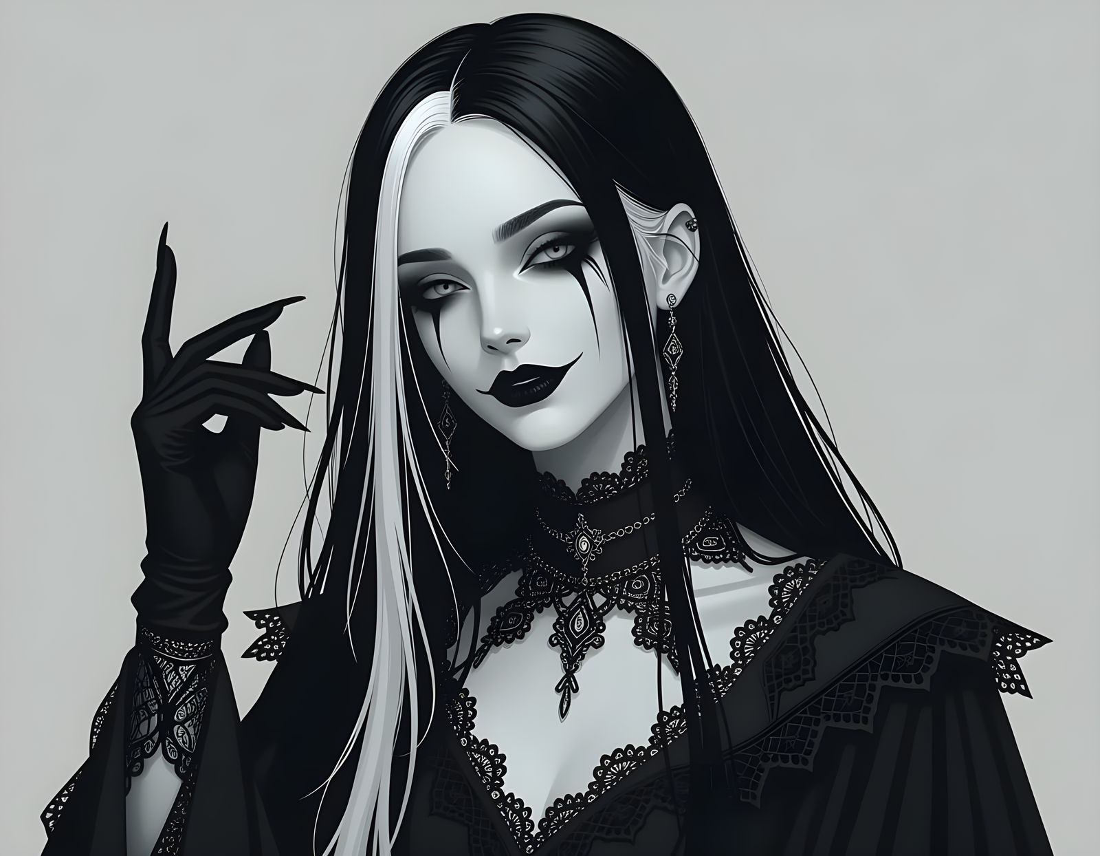 Ethereal Figure with Jet-Black Hair and Ghostly Glow