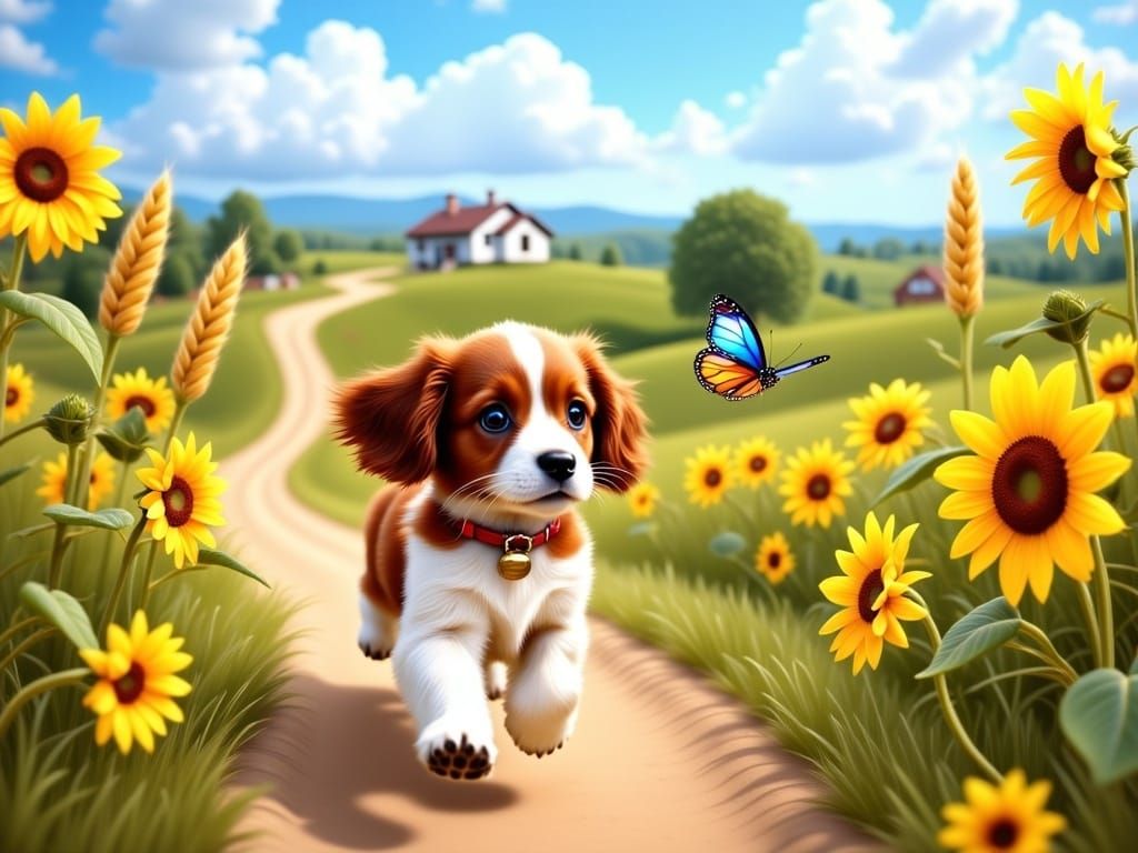 Cavalier Puppy's Butterfly Chase: Dreamy Rural Scene