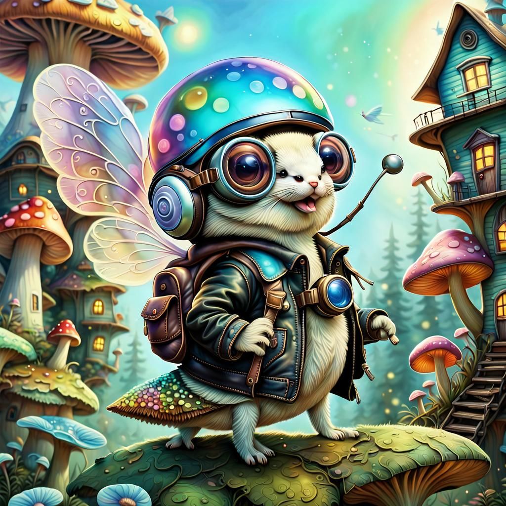 Whimsical Snail Pilot Flying Over Mushroom Village