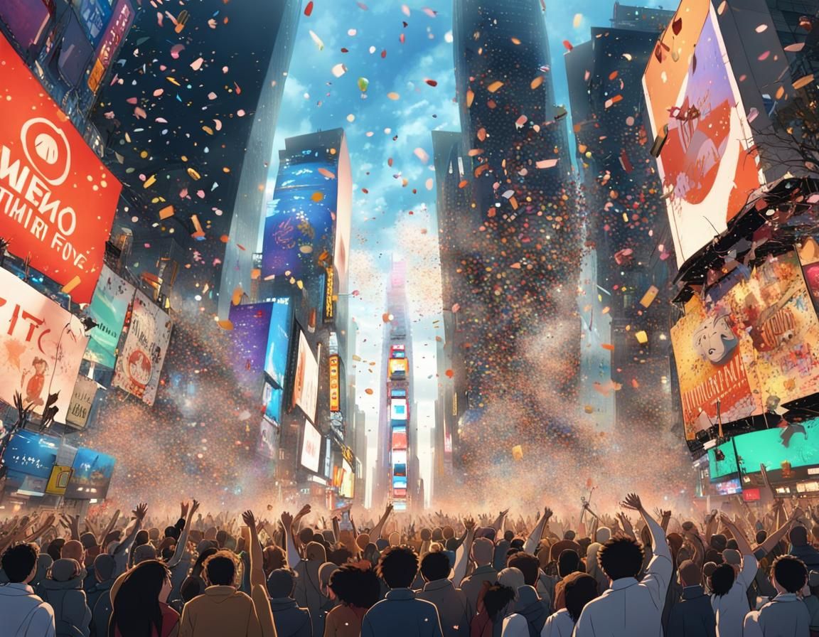 Times Square New Year's Eve in Ghibli Anime Style
