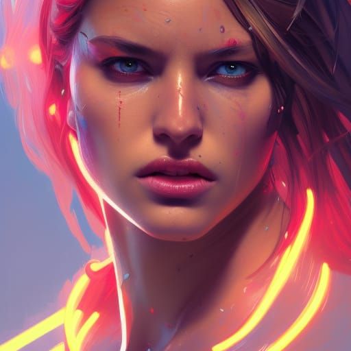 Neon Warrior Woman: Detailed Digital Art Portrait