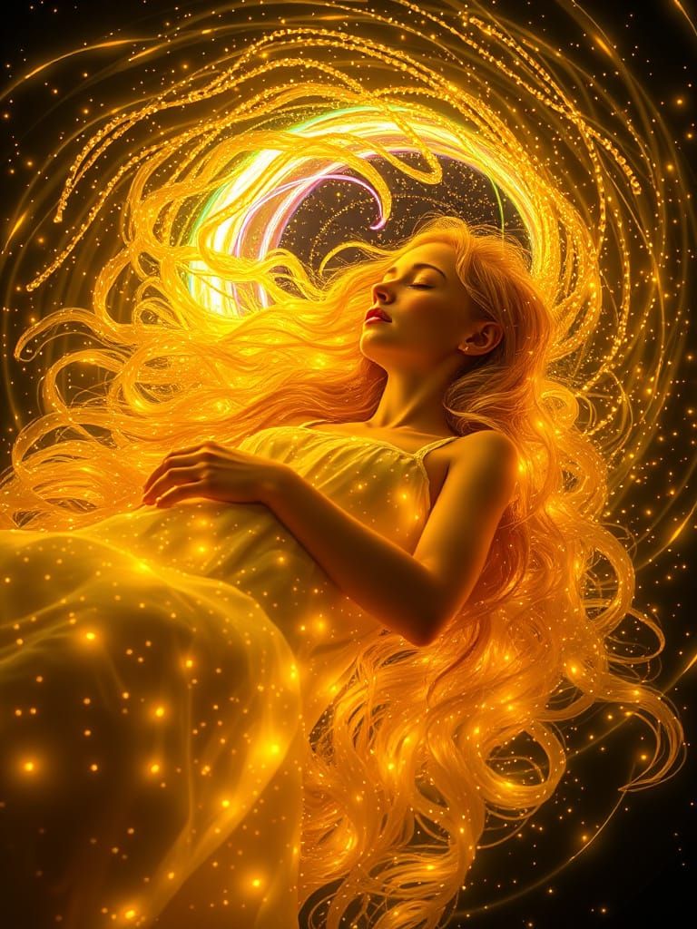 Dreaming Girl in Cosmic Bioluminescent Landscape