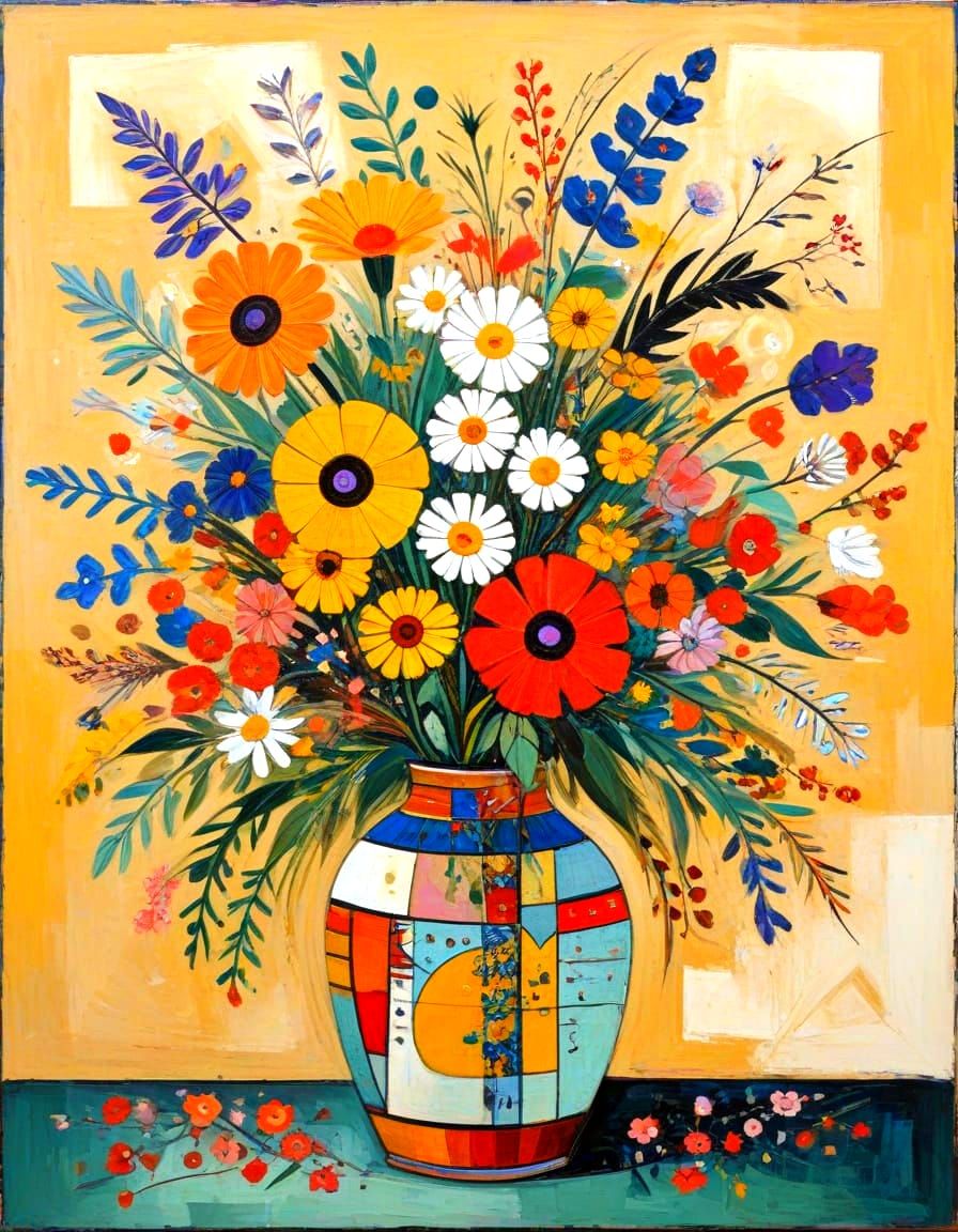 an abstract of a vase with flowers, art deco intricately detailed art Brut brutalism geometric abstract art lyrical abst...