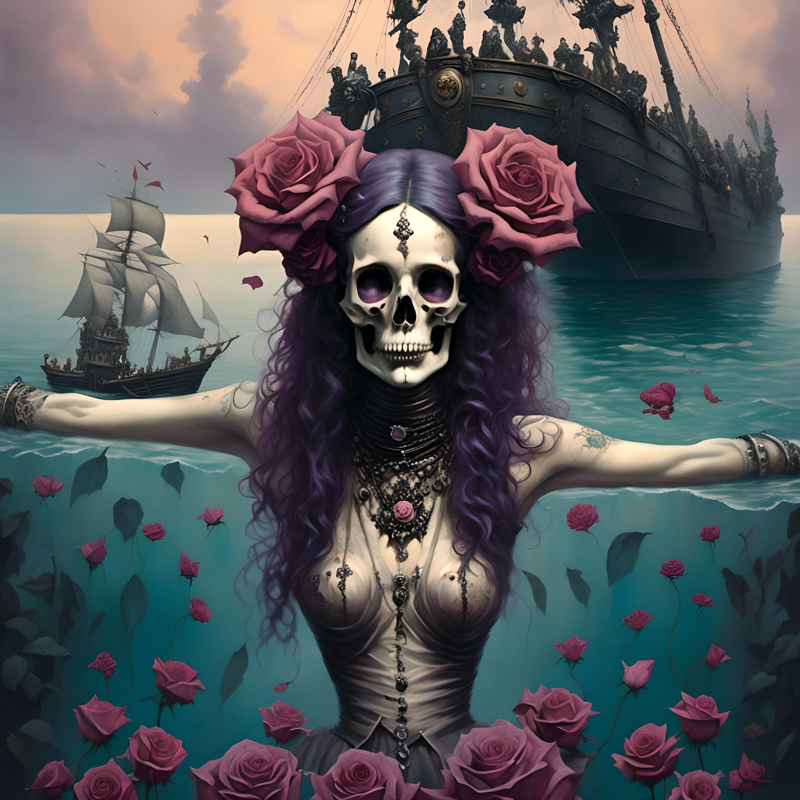 Purple Rose Skull Tattoo Design