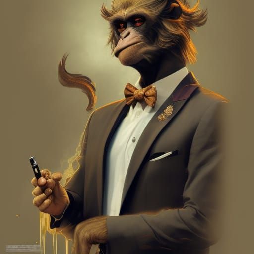 Hyperdetailed Monkey Portrait in Suit with Cigarette