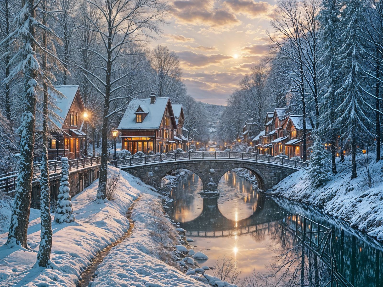 Winter Sunset Over Snowy Landscape with Bridge and Lights