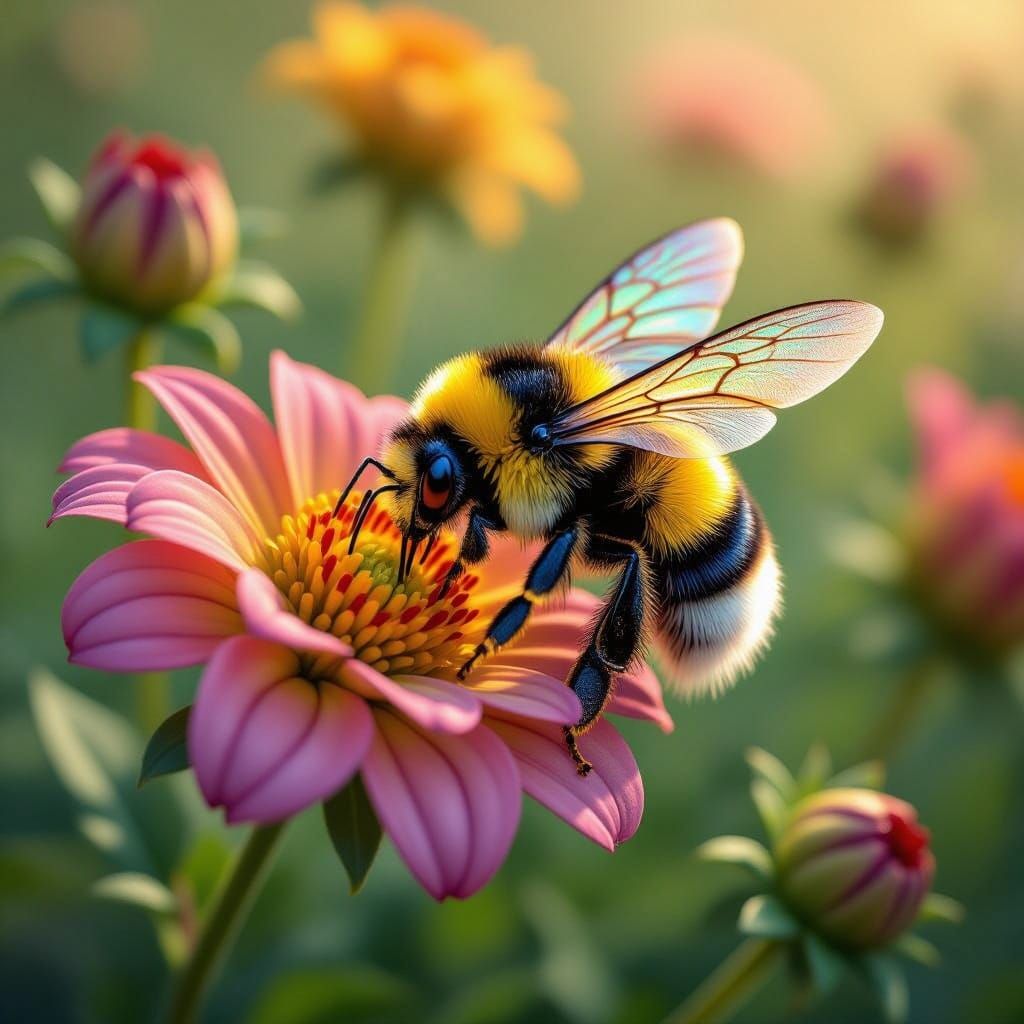Fuzzy Bumblebee Sips Nectar from Surreal, Vibrant Flowers