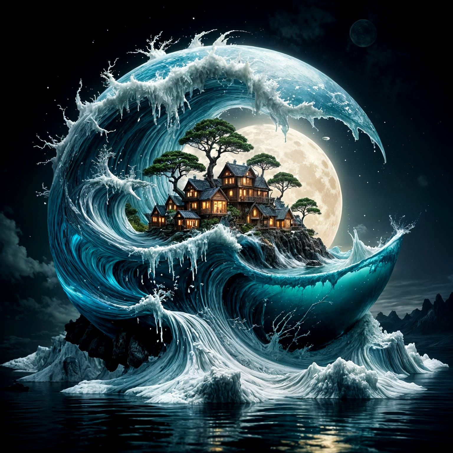 Bonsai Village Wave: A Surreal Papercut Landscape