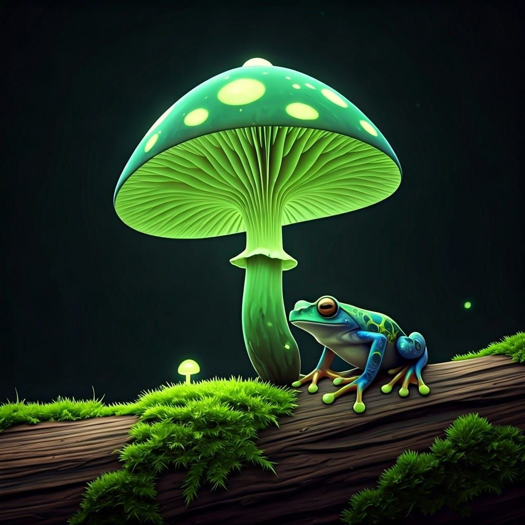 Bioluminescent Mushroom Umbrella Held by Frog in 3D Anime St...