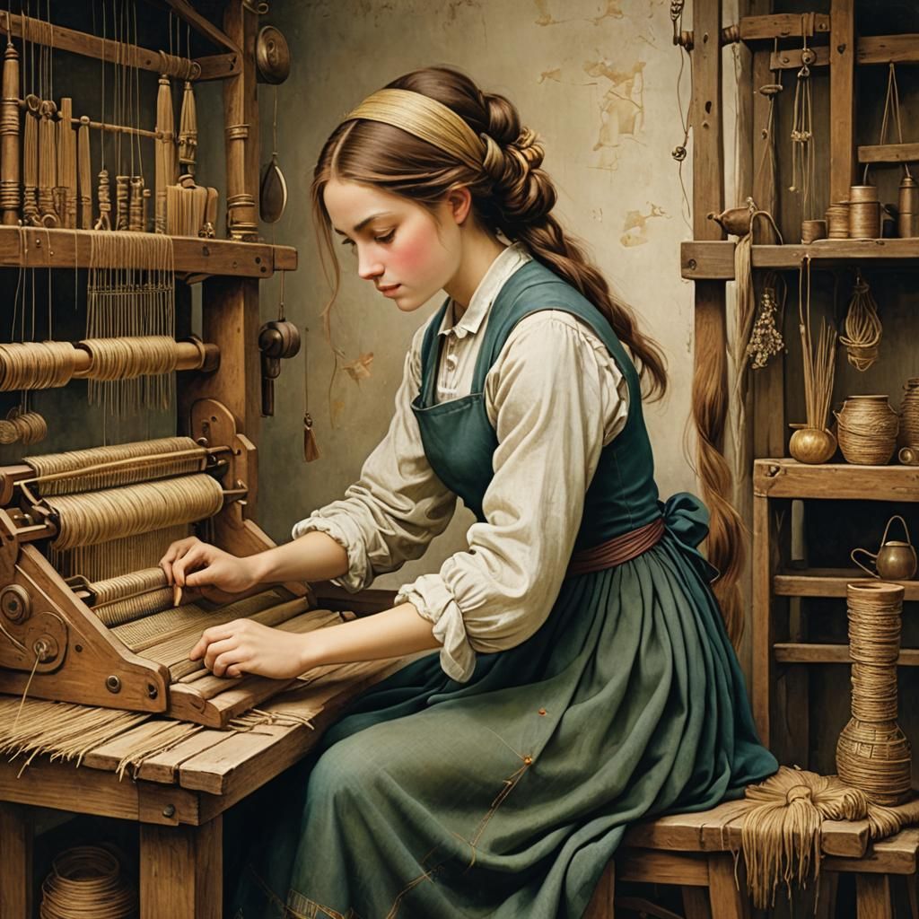 The Weaver at the Loom, Whimsical Folk Art