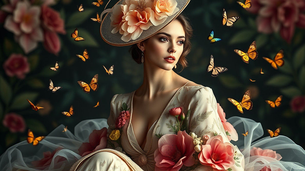 Ethereal Woman Portrait with Flowers and Butterflies