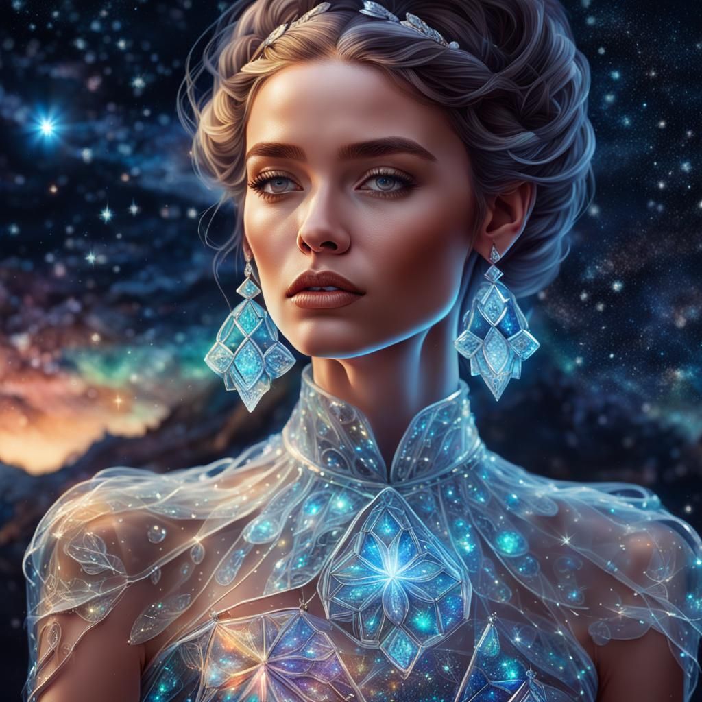 Woman in Glass Dress: Holographic Astral Illustration