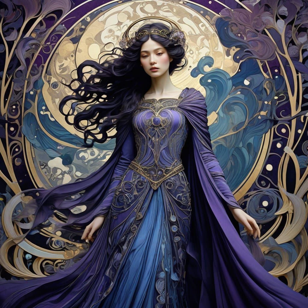 Regal Art Nouveau Figure Amidst Swirling Air